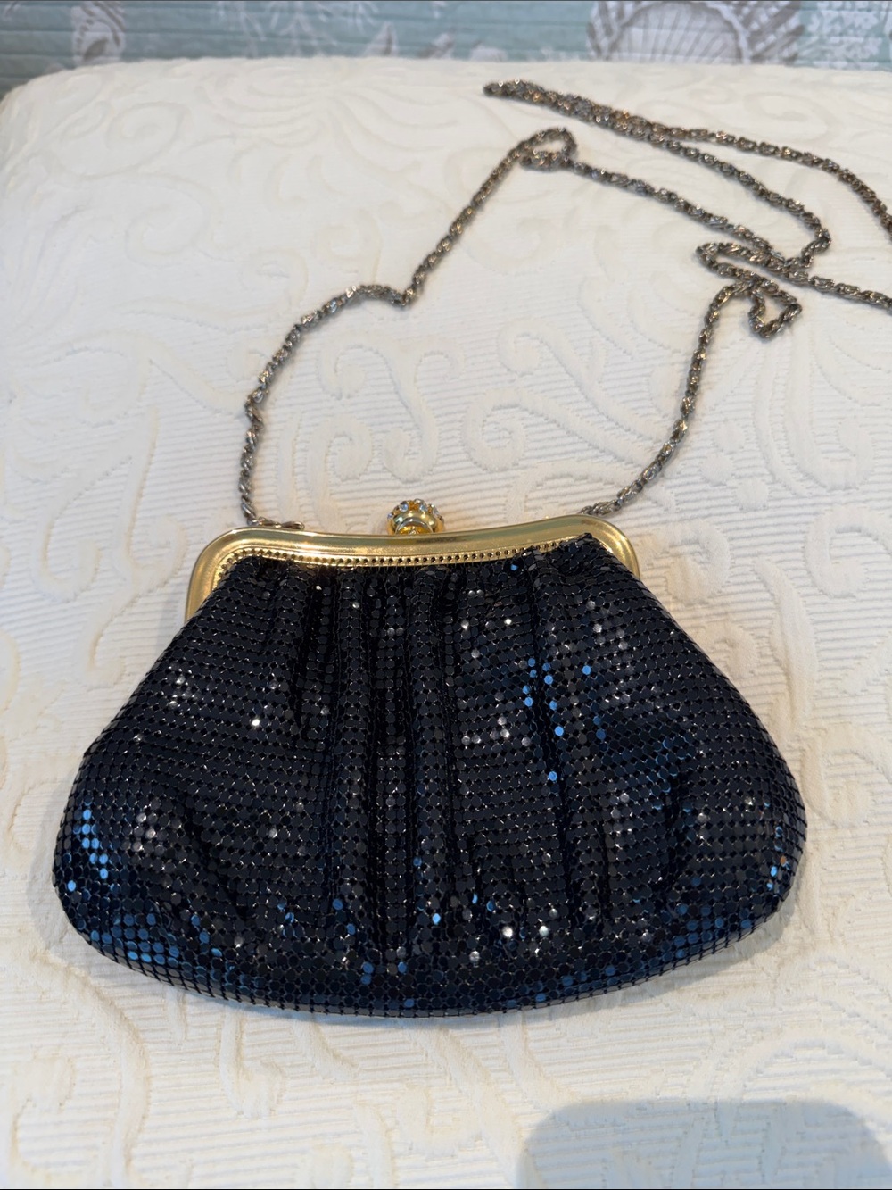 Black Sequin Evening Clutch with Gold Frame and Chain